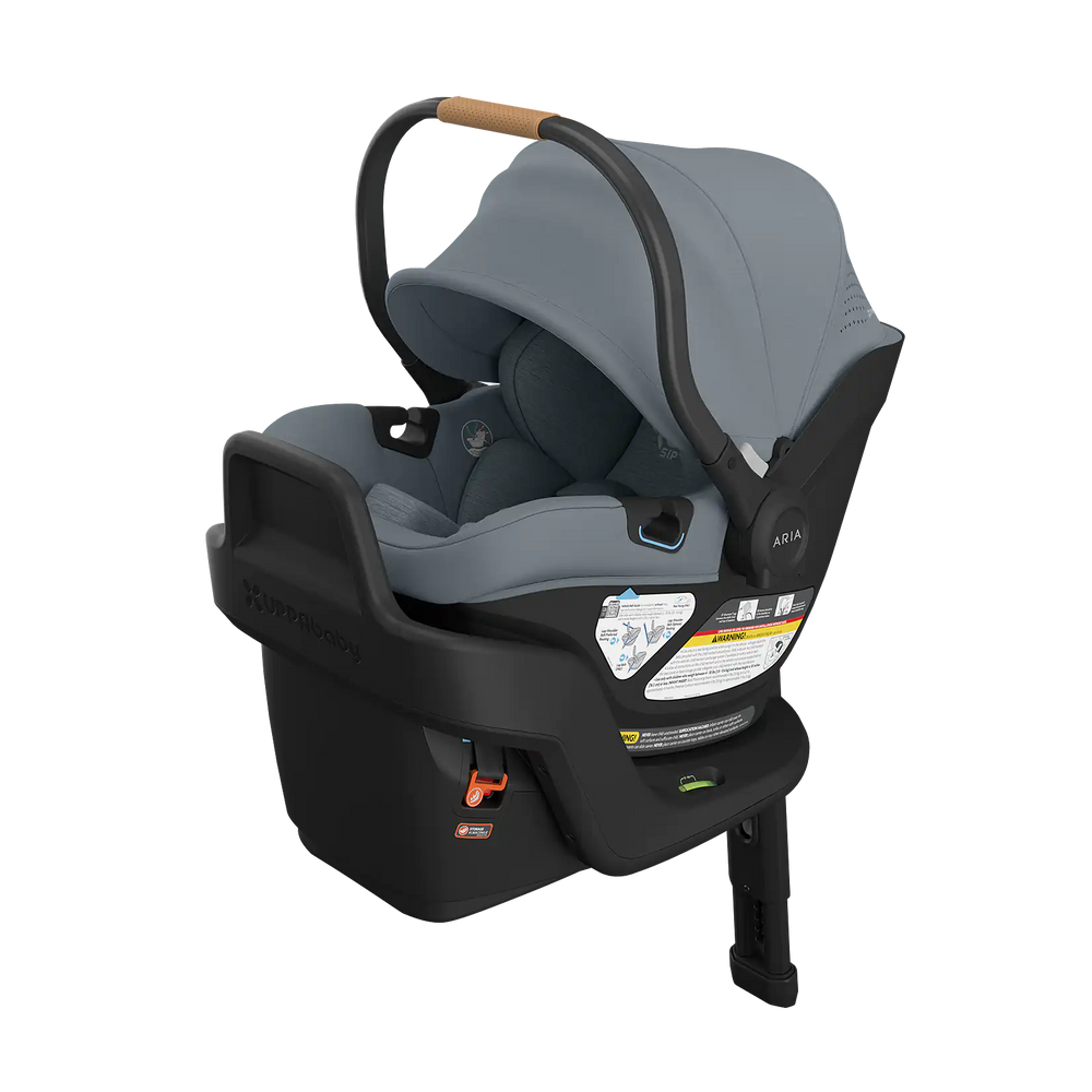 Baby car seat by uppababy with Callum blue cover and black base on a white background