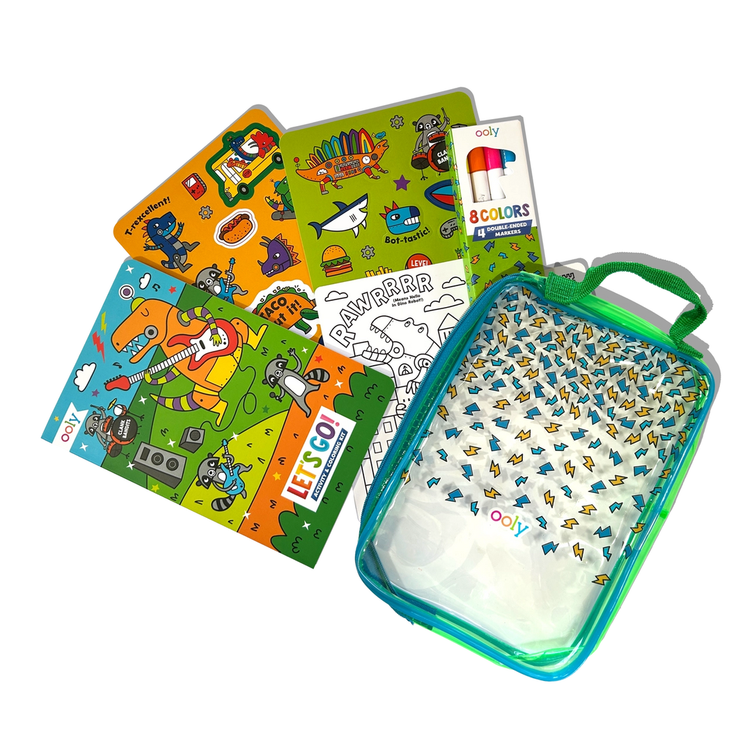 Coloring book set with markers and a carrying case on a white background