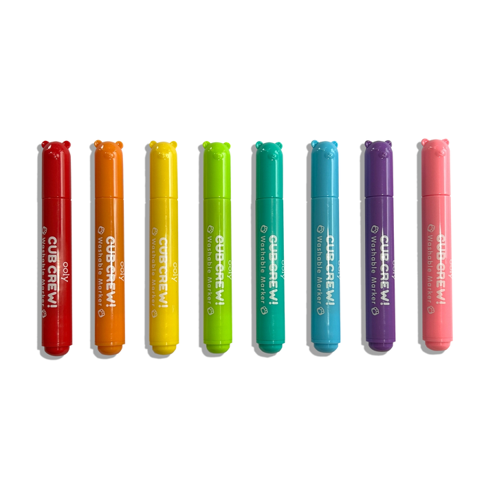 Set of eight colorful markers with 'Cub Crew!' branding on a white background