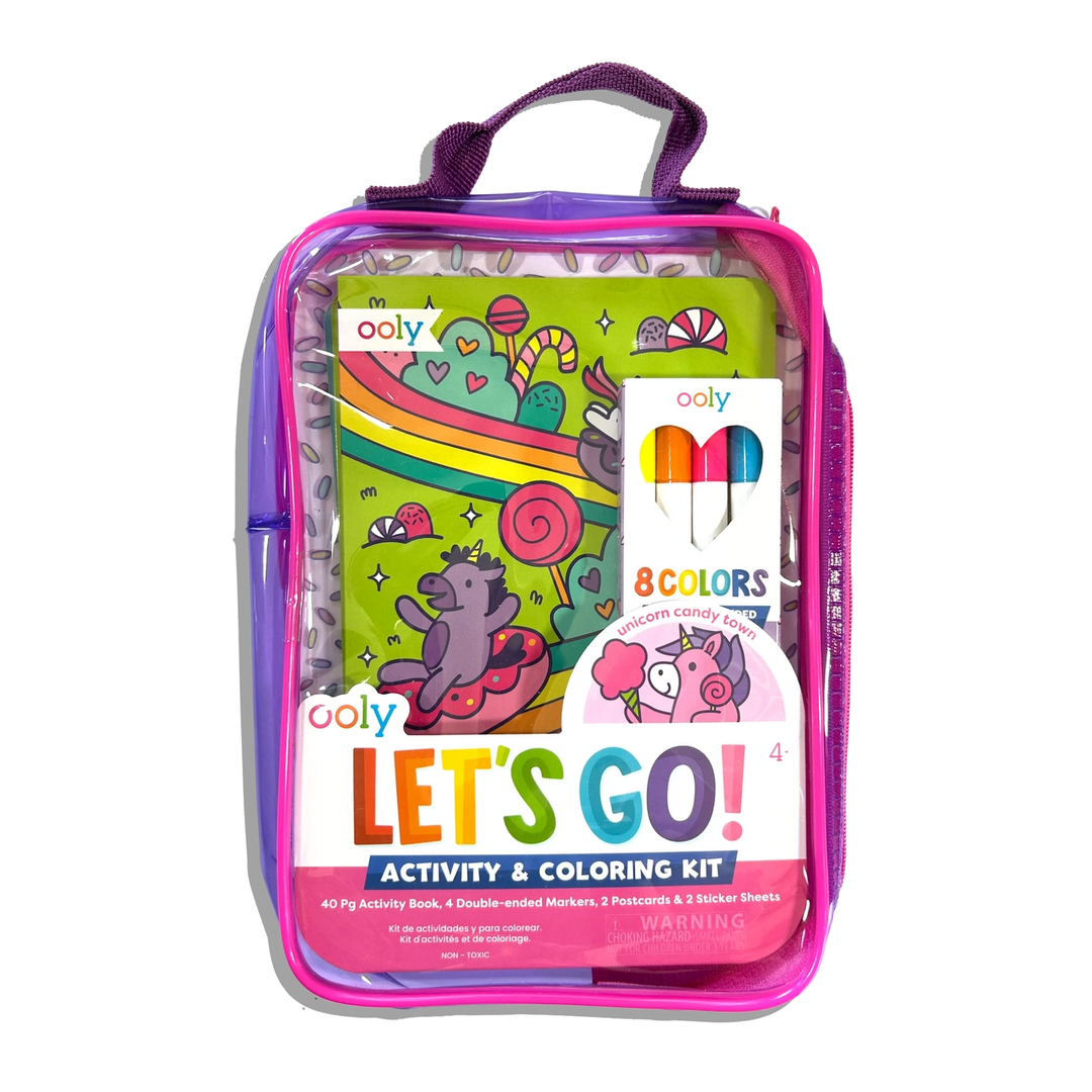 Ooly Let's Go! Activity and Coloring Kit in a clear pink case on a white background