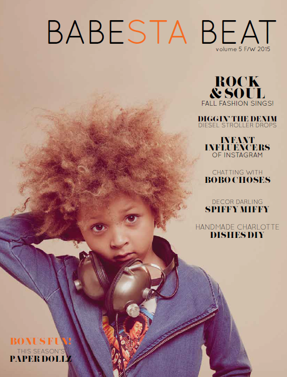 Magazine cover with a child wearing headphones and text about 'Babesta Beat' magazine.
