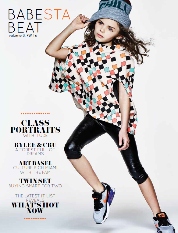 Magazine cover featuring a child model wearing a colorful checkered top and black leggings with text about fashion and style.