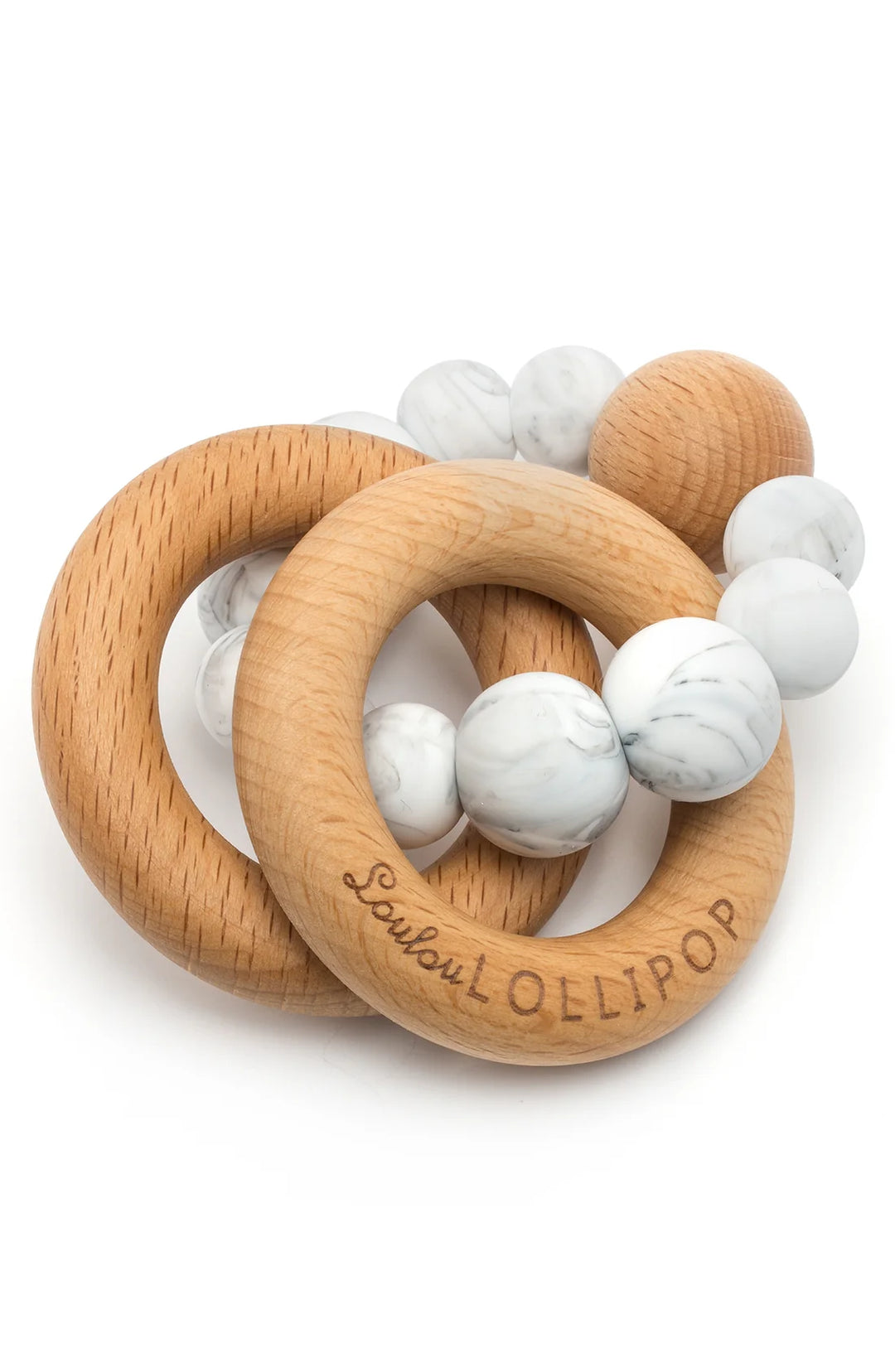 silicone wood teething rattle by Loulou Lollipop