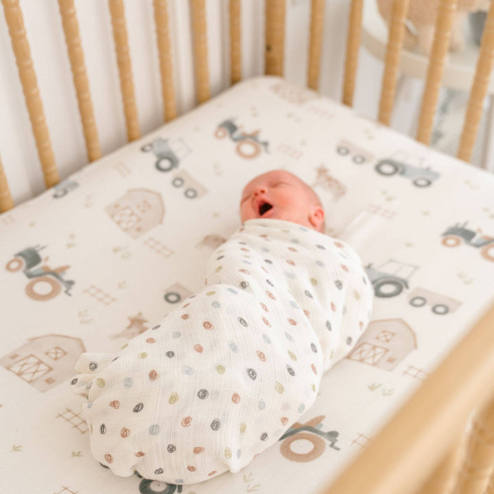 Babesta Charlie Farmhouse Tractor Crib Sheet by Crane Baby