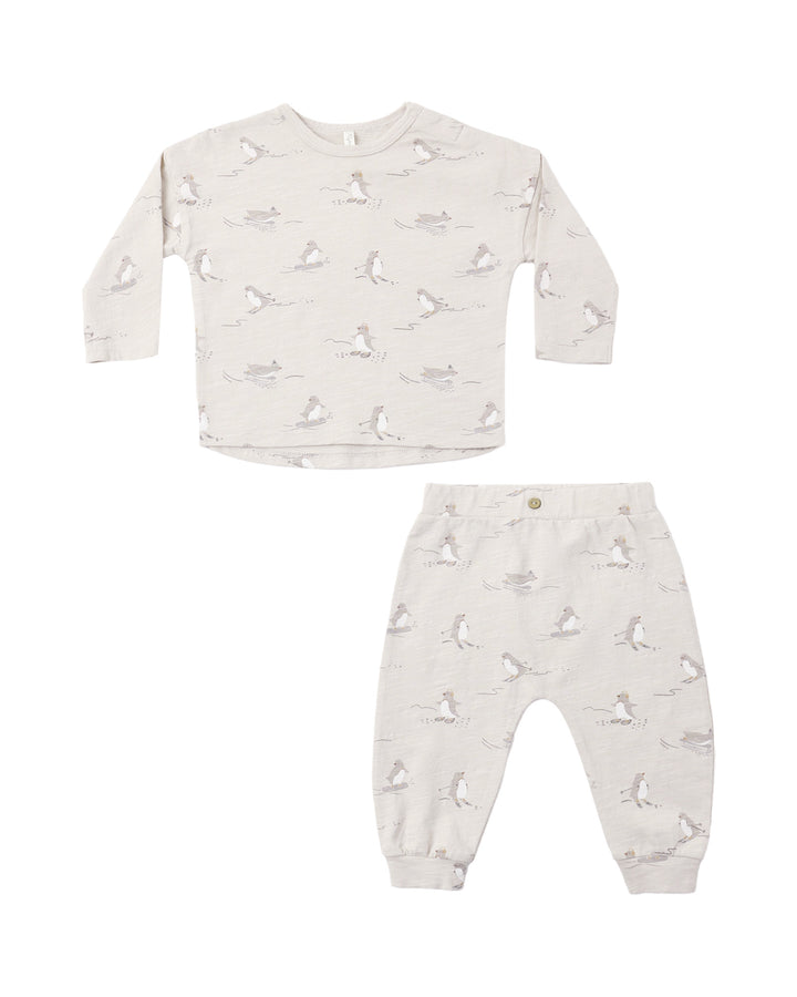 Babesta Long Sleeve Tee + Pant Set Skiing Penguins by Rylee + Cru