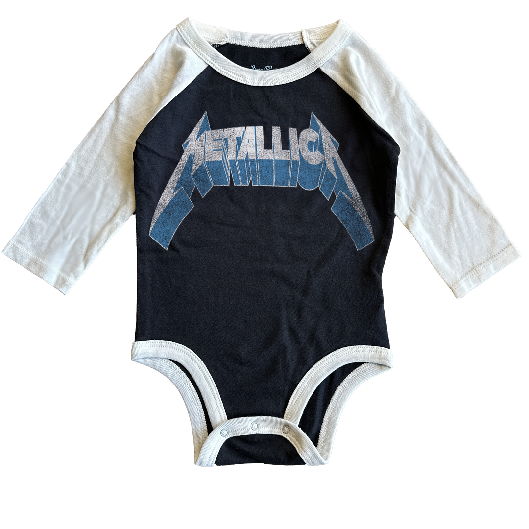 Babesta Metallica Retro Logo Raglan Onesie by Rowdy Sprout 