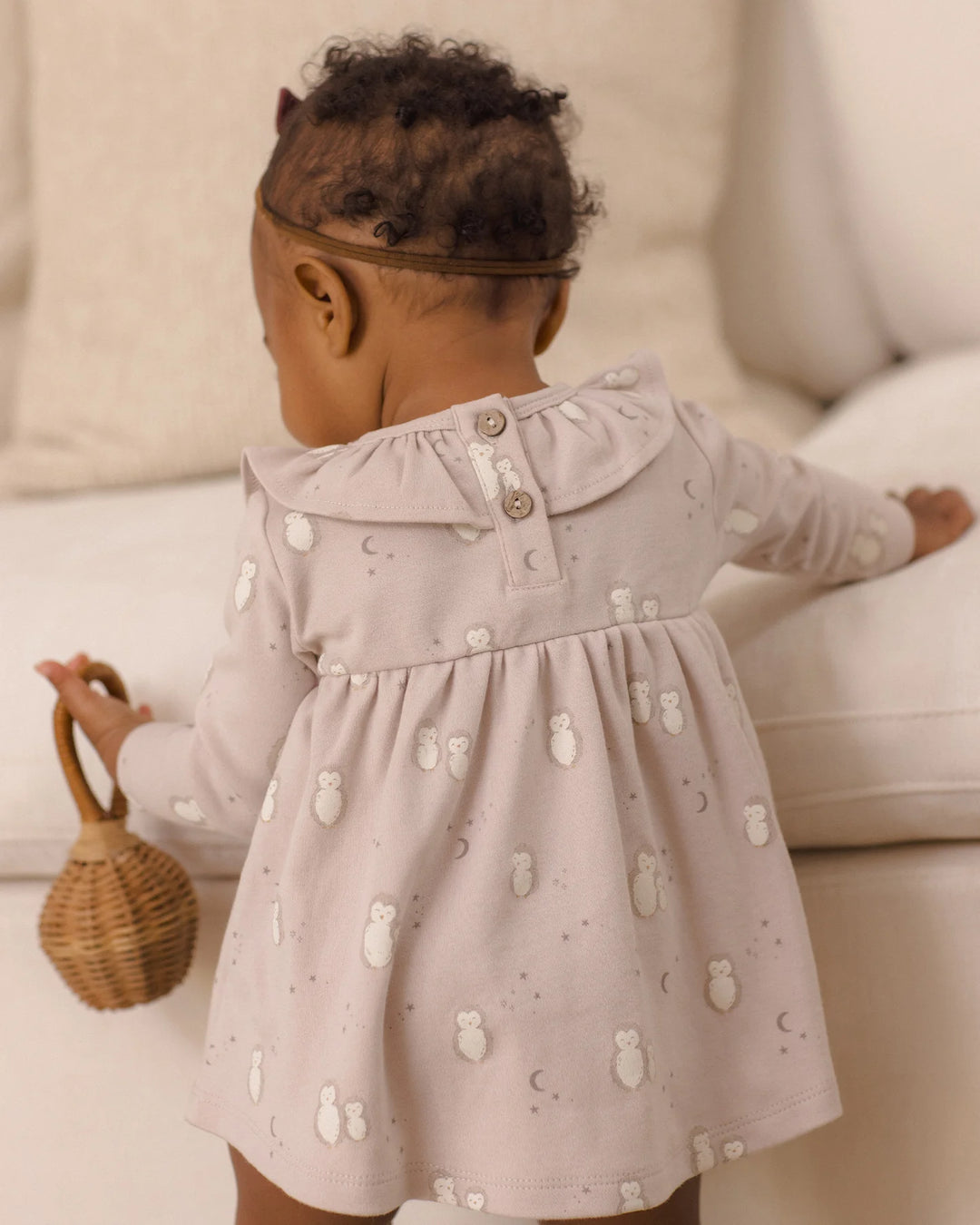 Babesta Ruffle Collar Jersey Dress Owls by Quincy Mae