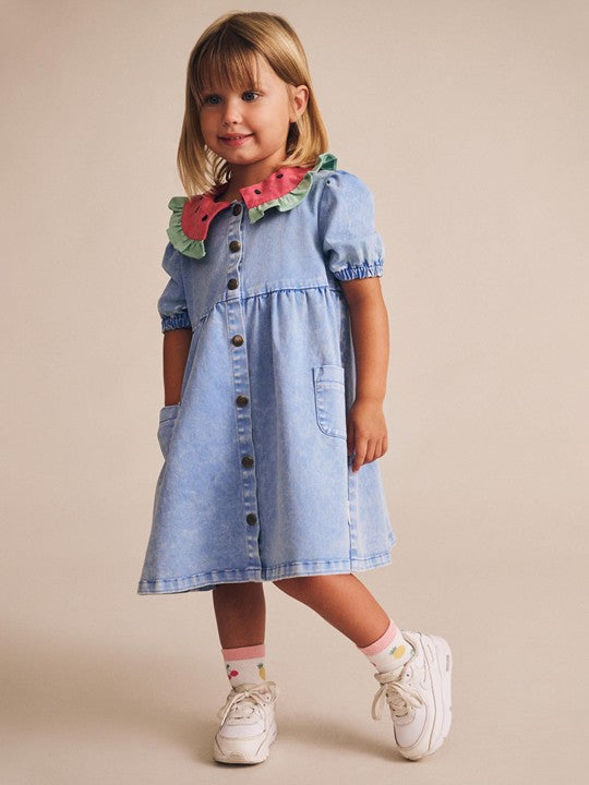 Babesta Watermelon Denim Puff Dress by Huxbaby