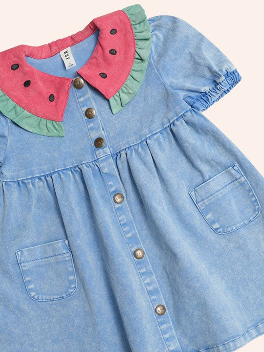 Babesta Watermelon Denim Puff Dress by Huxbaby