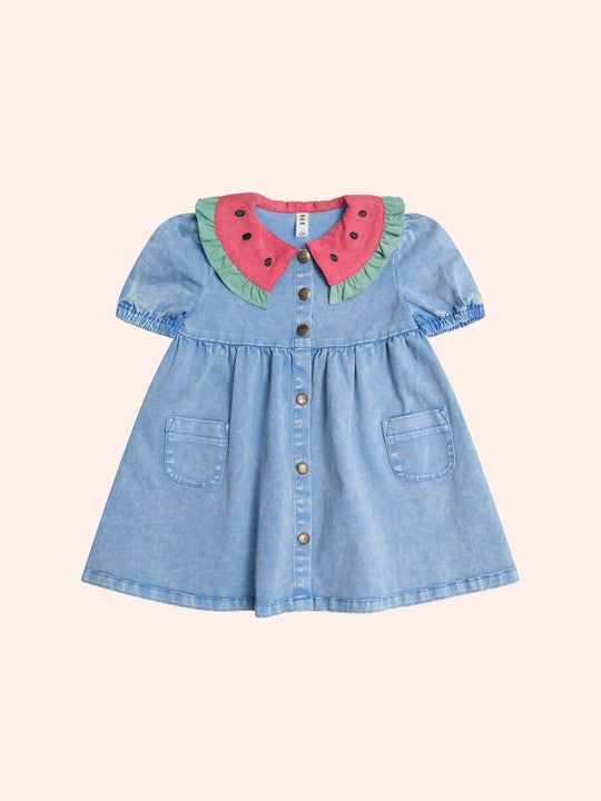 Babesta Watermelon Denim Puff Dress by Huxbaby