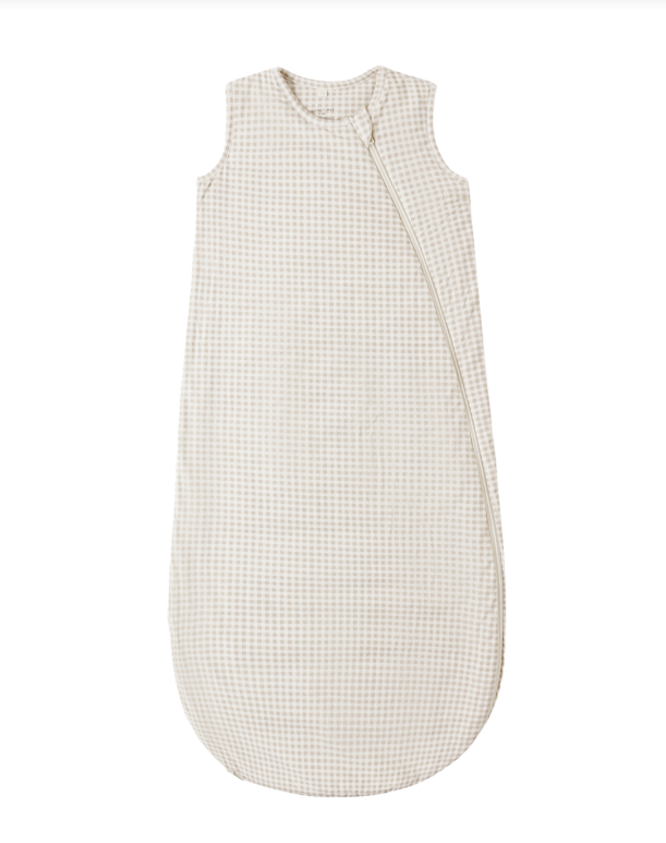 Baby sleeping bag with a small check pattern on a white background