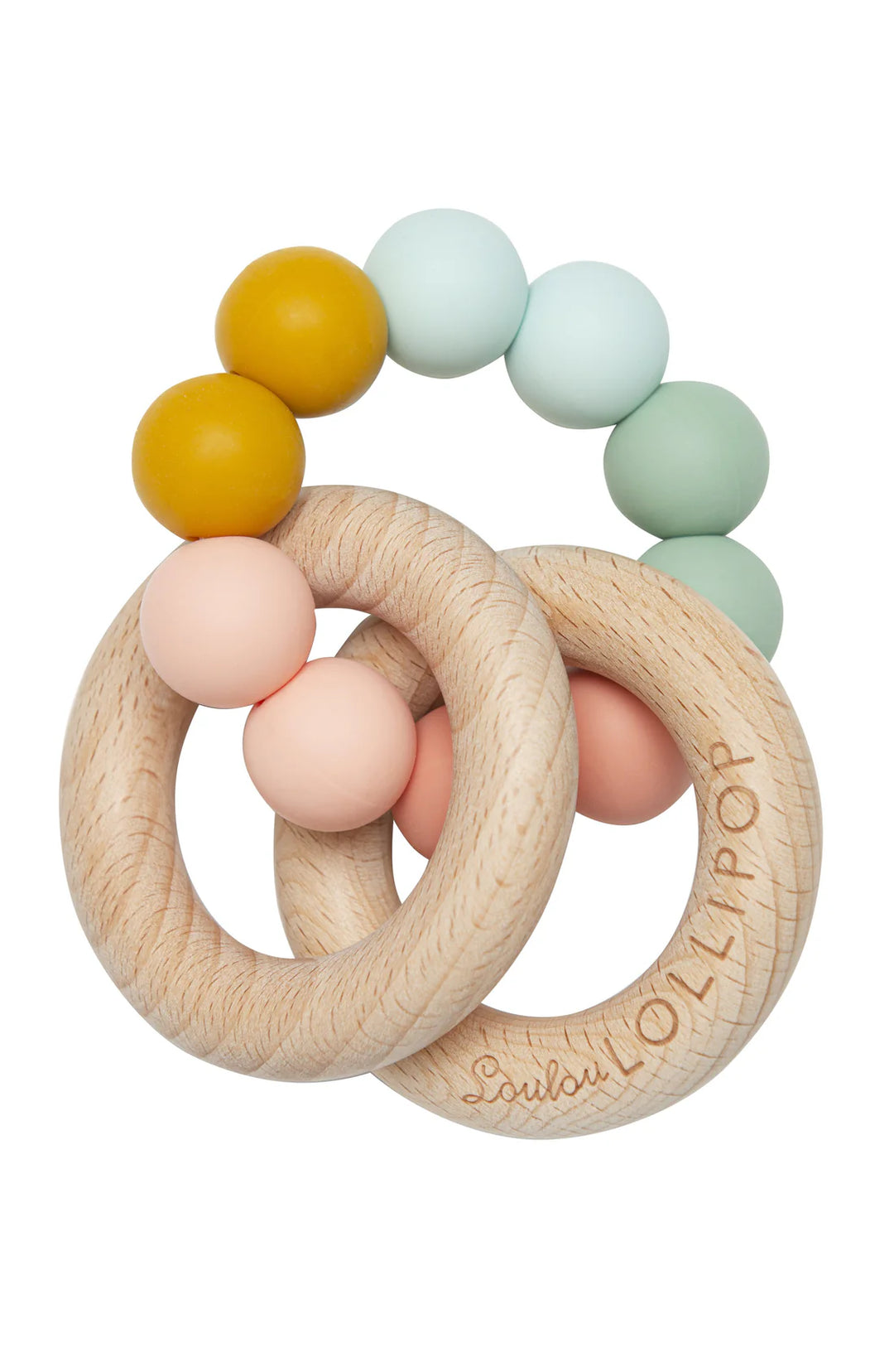 silicone wood teething rattle by Loulou Lollipop