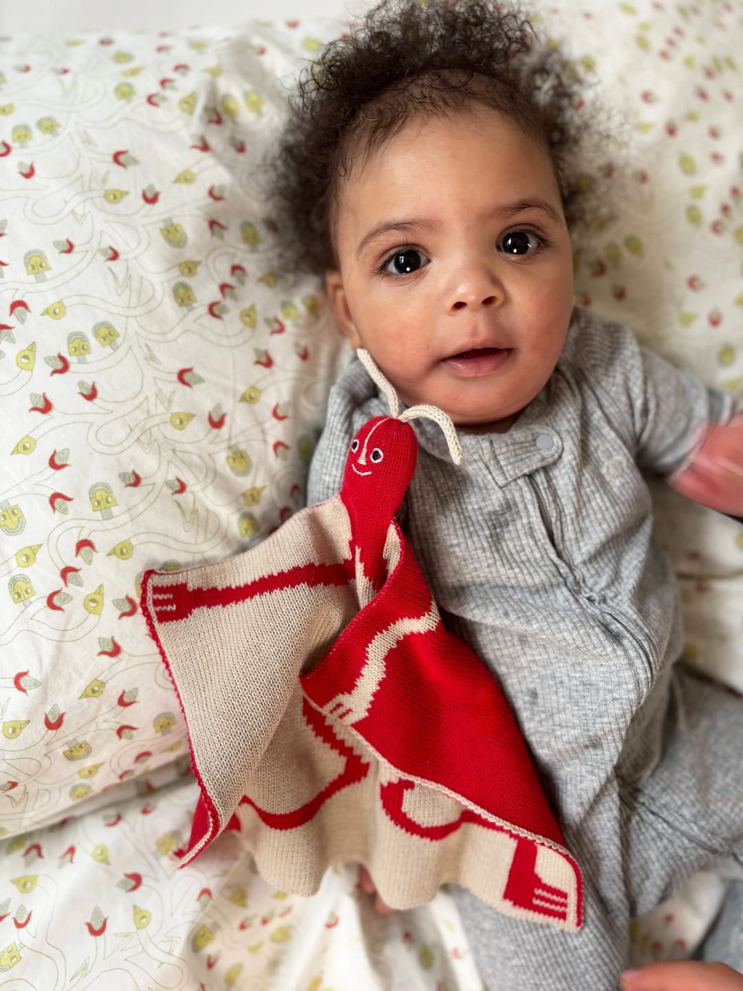 Baby holding a red and beige lovey on a patterned blanket