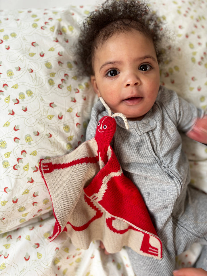 Baby holding a red and beige lovey on a patterned blanket