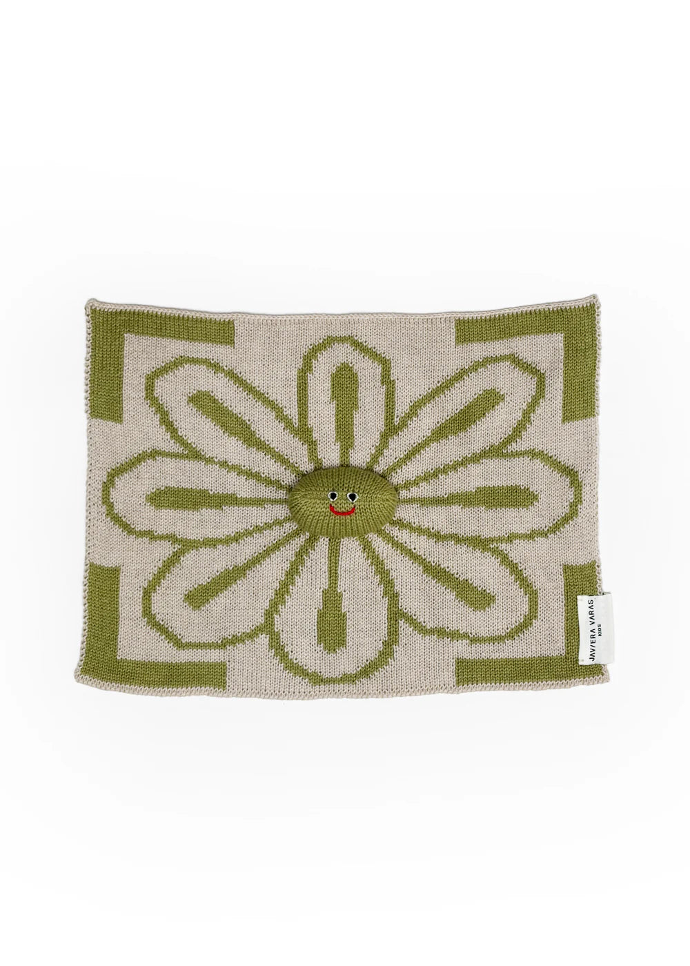Knitted lovey by Javiera Varas with a green flower design on a beige background