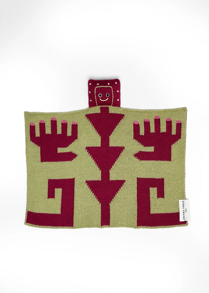 Knitted lovey with red geometric pattern  by Javiera Varas on a white background