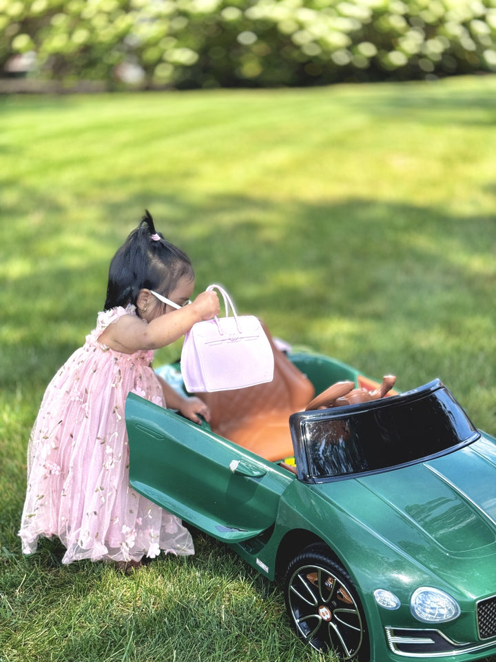 Child in a pink dress playing with a toy car outdoors on grass holding the Birkkid tote snack handbag