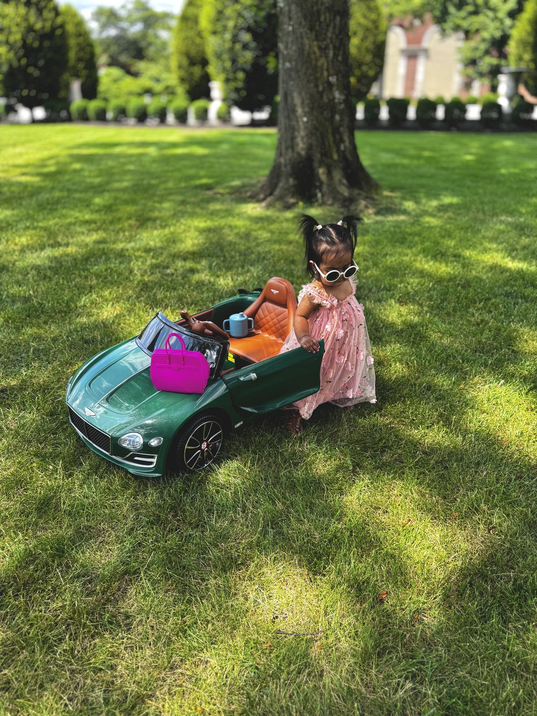 Child in a pink dress sitting in a toy car on grass with trees in the background and Birkkid snack tote handbag on hood of the car