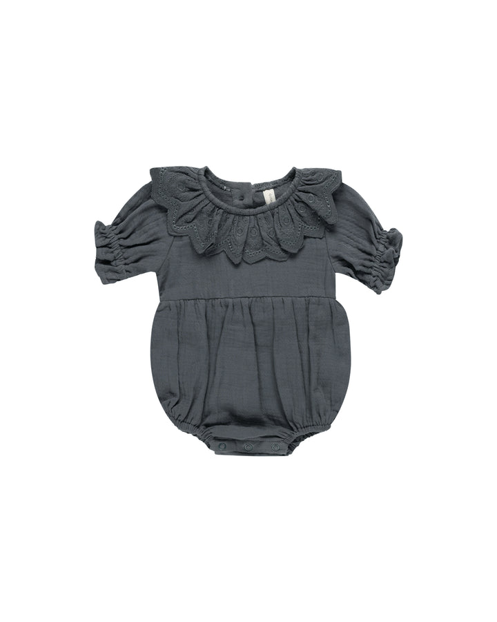 Indigo collared romper by Quincy Mae