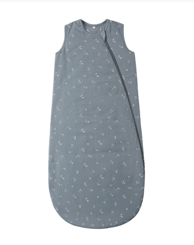 Gray baby sleeping bag with subtle pattern on a white background