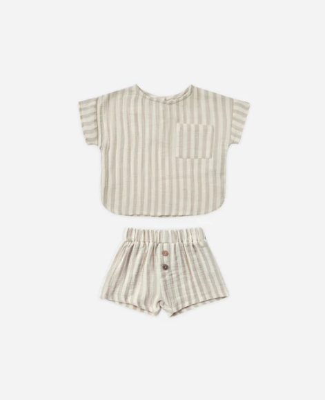 Ash Stripe Woven Boxy Top and Short Set by Quincy Mae