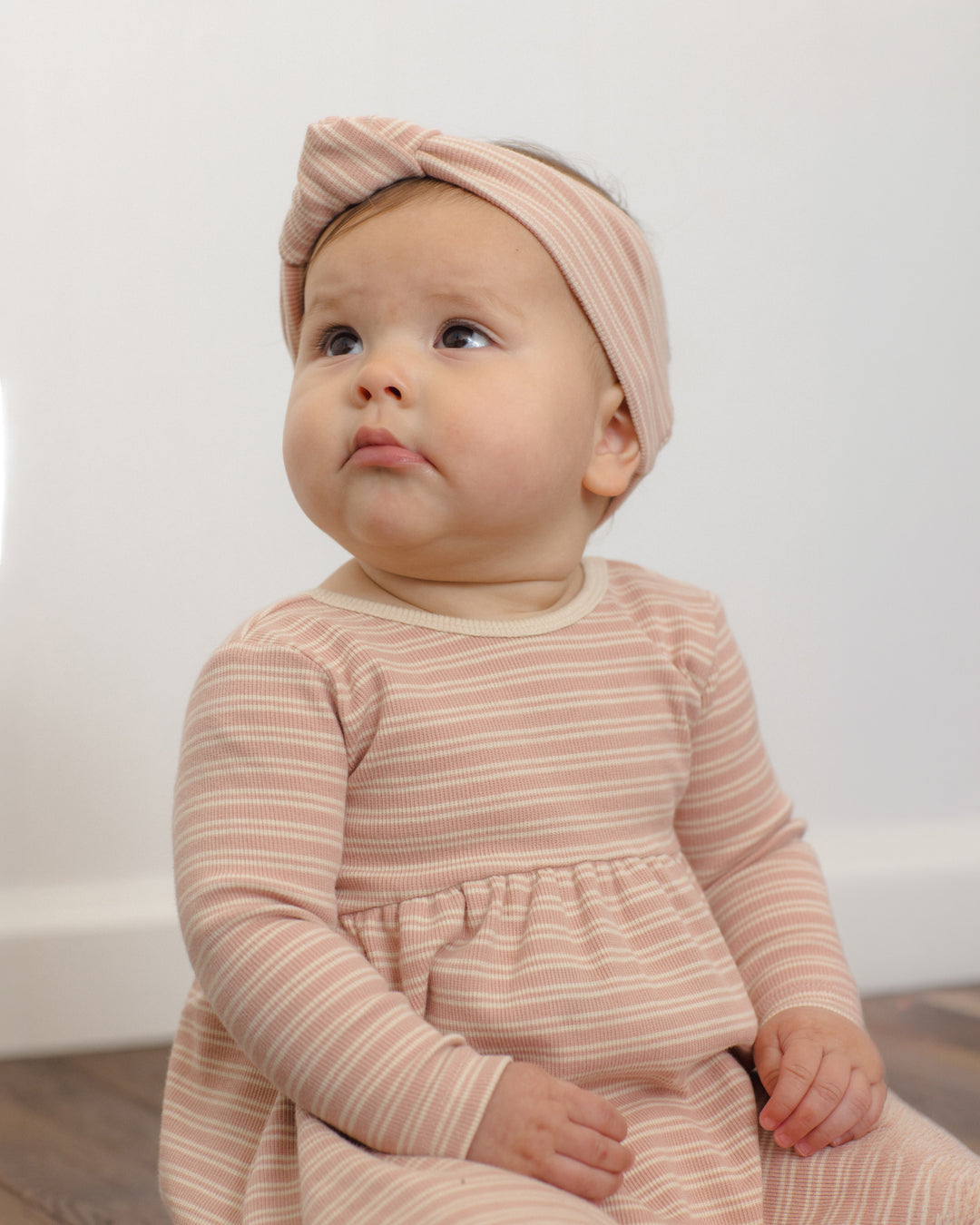 Ribbed Long Sleeve Dress - Dusty Rose Microstripe by Quincy Ma