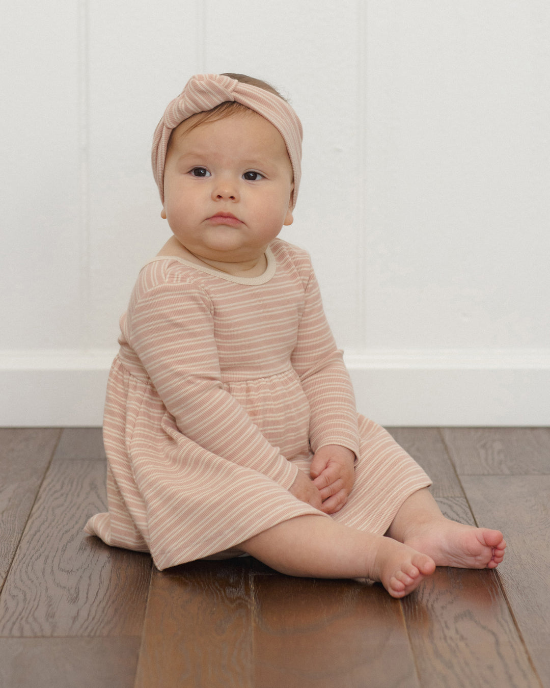 Ribbed Long Sleeve Dress - Dusty Rose Microstripe by Quincy Ma