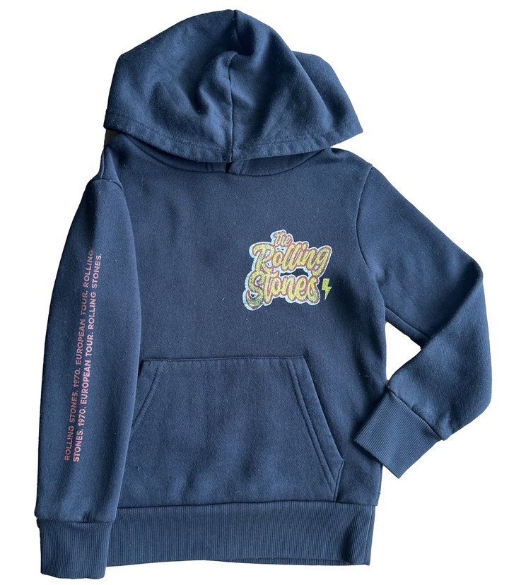 Black hoodie with 'The Rolling Stones' logo on a white background