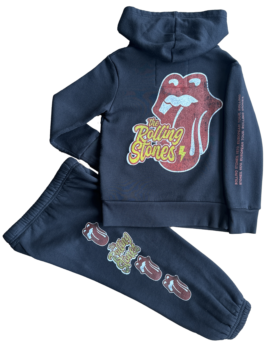 Washed black hoodie and sweatpants set with Rolling Stones logo on a white background