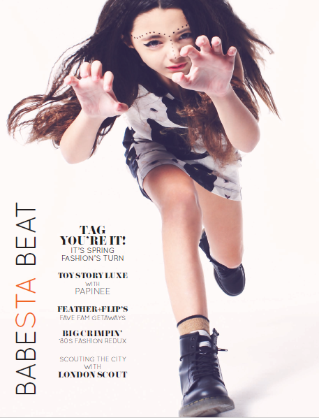 Child in a stylish outfit with text about fashion and brands on a white background