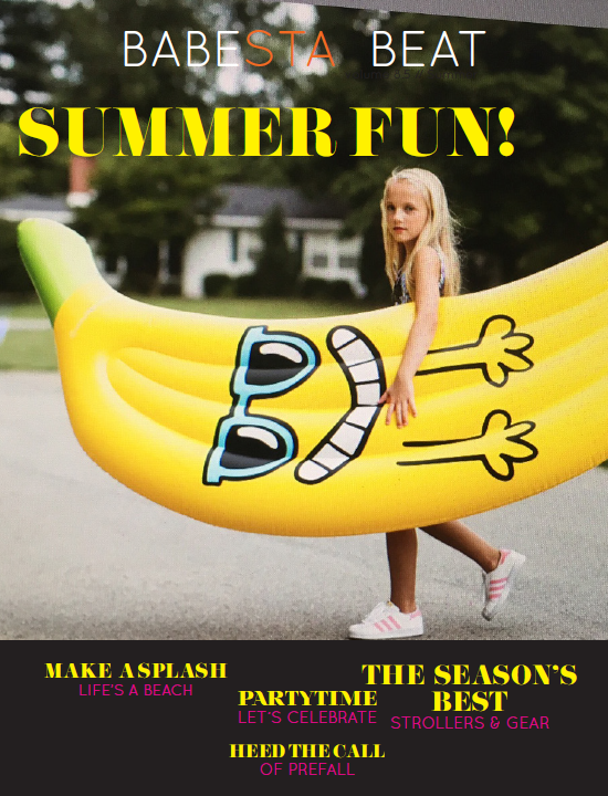 Hild holding a large inflatable banana with sunglasses and text 'Babesta Beat Summer Fun!' on a magazine cover.
