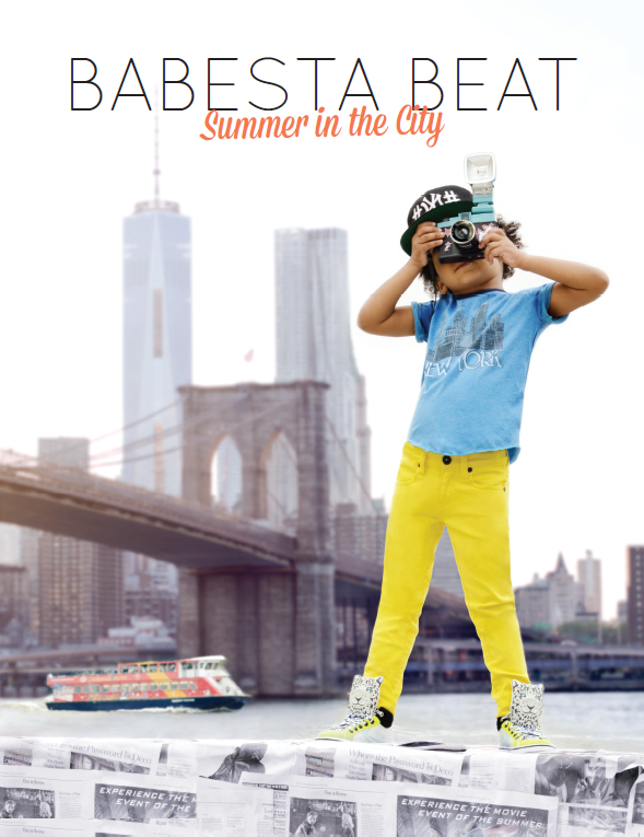Child in blue shirt and yellow pants with a camera, Brooklyn Bridge in the background, 'Babesta Beat Summer in the City' text.