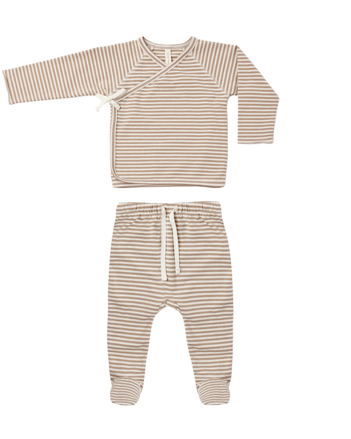 Wrap Top & Footed Pant Set Almond Stripe by Quincy Mae