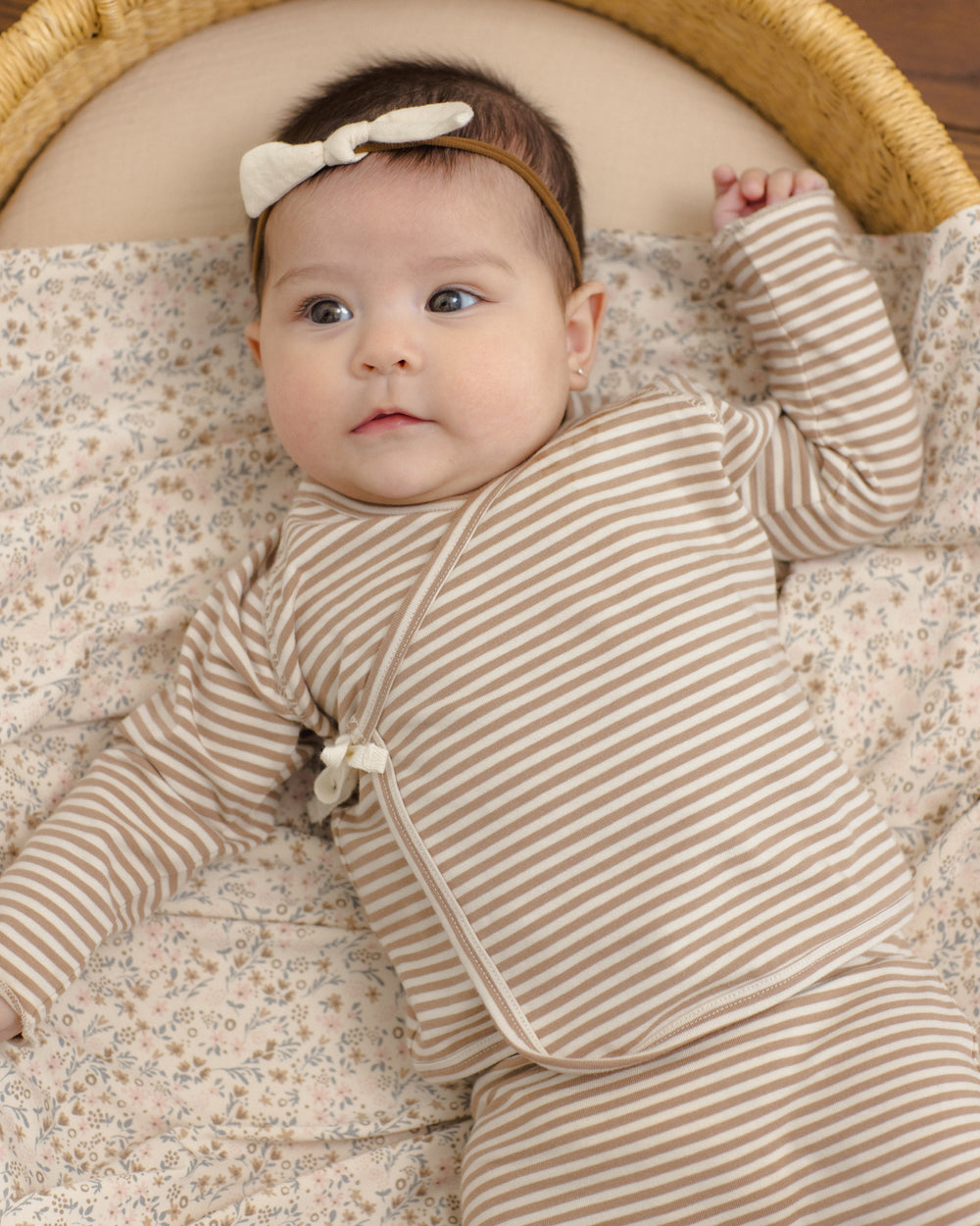 Wrap Top & Footed Pant Set Almond Stripe by Quincy Mae