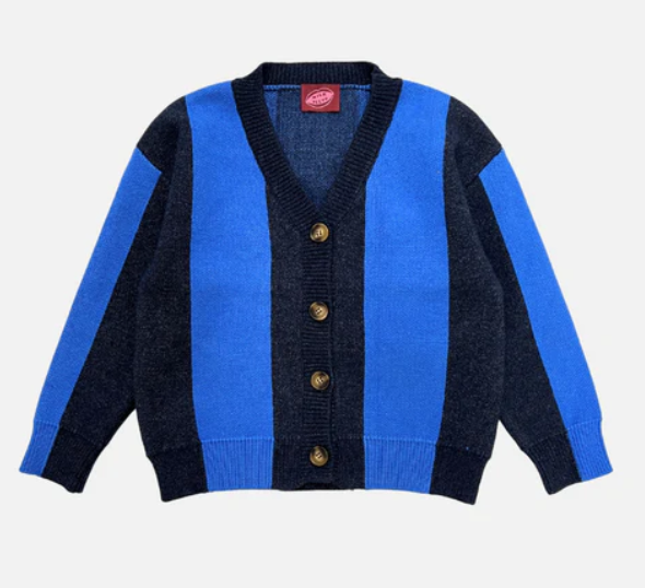 Children’s cardigan with bold blue stripes, button-up front, and relaxed fit, laid flat to show knit texture and design