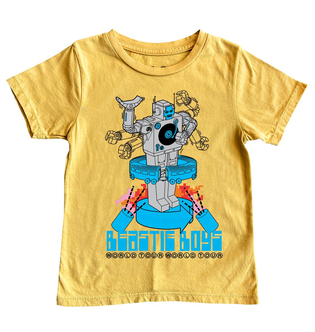 Yellow t-shirt with robot graphic and 'Beastie Boys' text on a yellow background