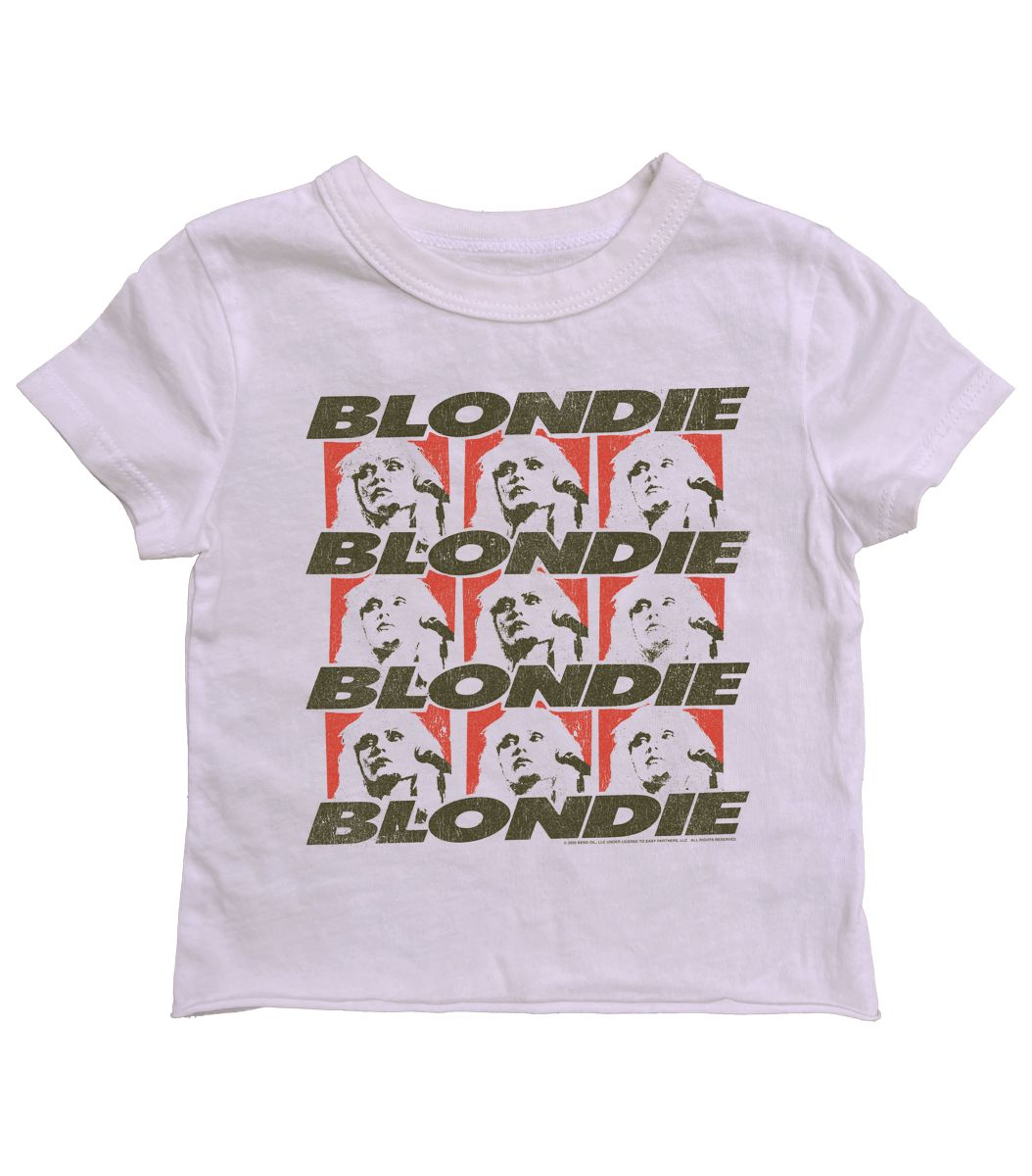 White t-shirt with 'Blondie' graphic design on a white background