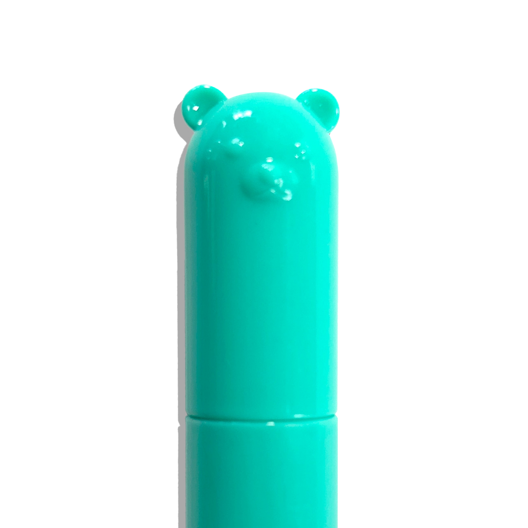 Turquoise lip balm with bear design on a white background