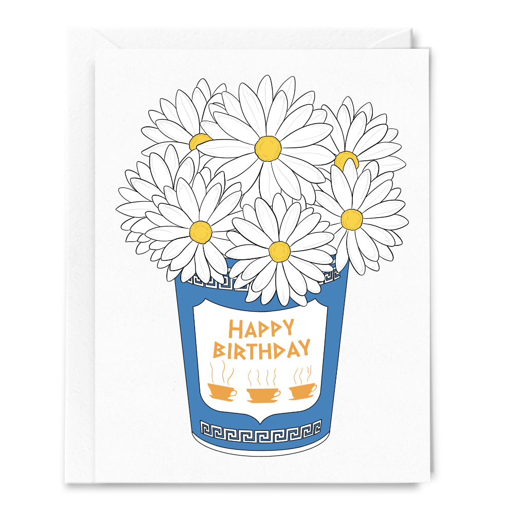 Coffee Cup with Daisies Happy Birthday Card