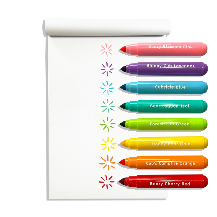 Set of colorful markers with names on a white background