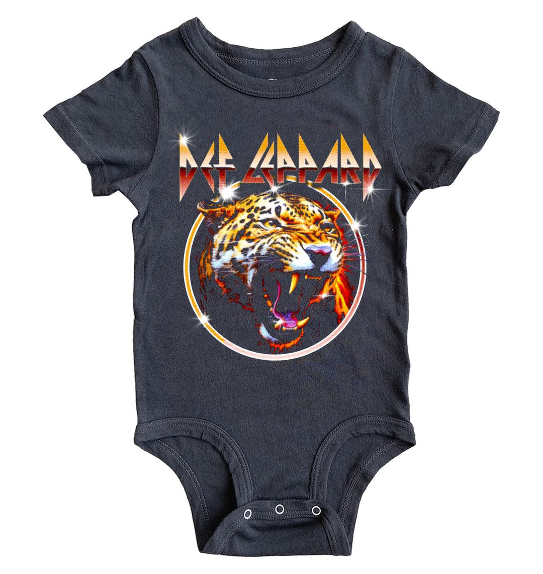 Black baby onesie with Def Leppard logo and tiger design on a white background