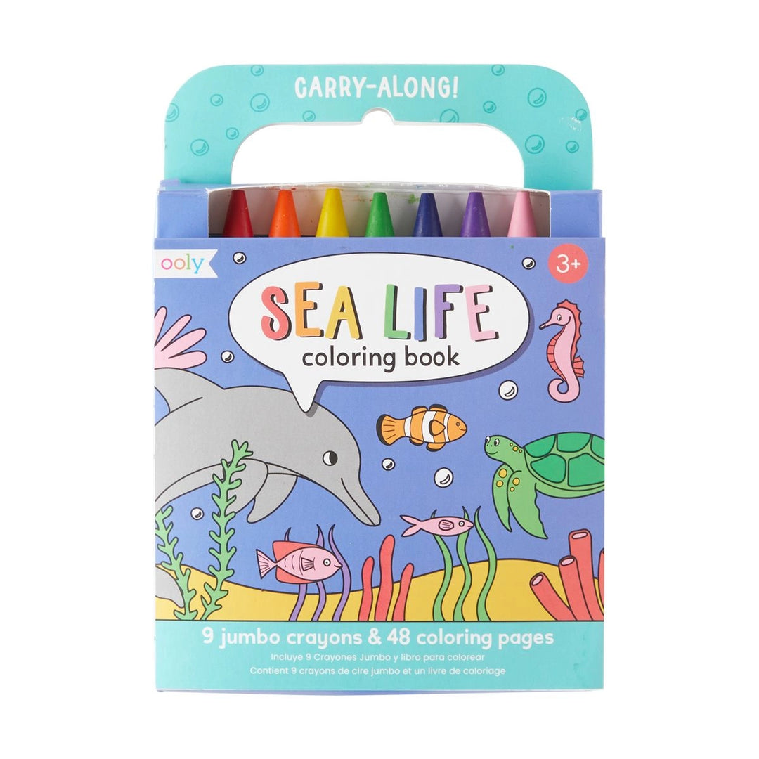 Packaging of a sea life coloring book with crayons on a white background