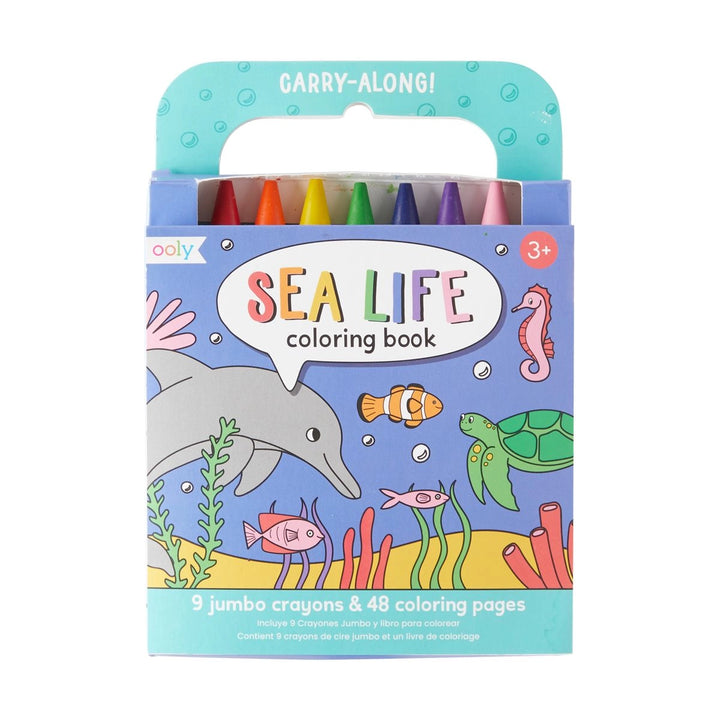 Packaging of a sea life coloring book with crayons on a white background