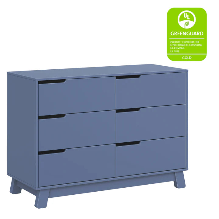 Blue dresser with 6 drawers and a GreenGuard Gold certification badge on a white background