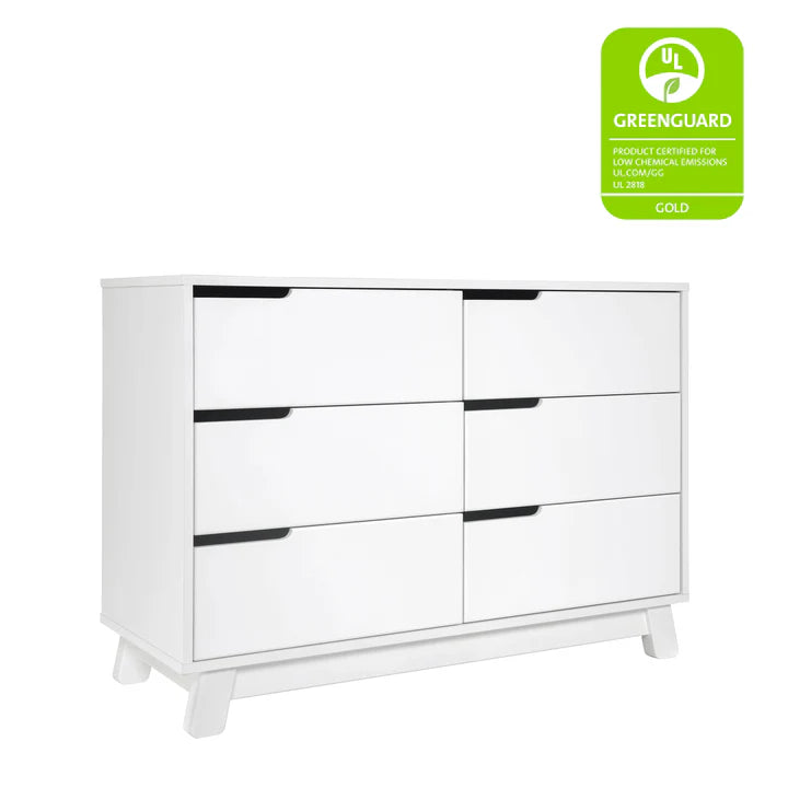 White dresser with 6 drawer on a white background, featuring a Greenguard Gold certification label.