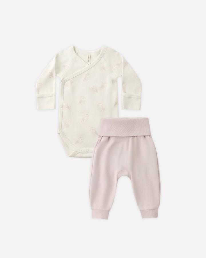 Side Snap Bodysuit + Pant Set - Snow Owls by Quincy Mae