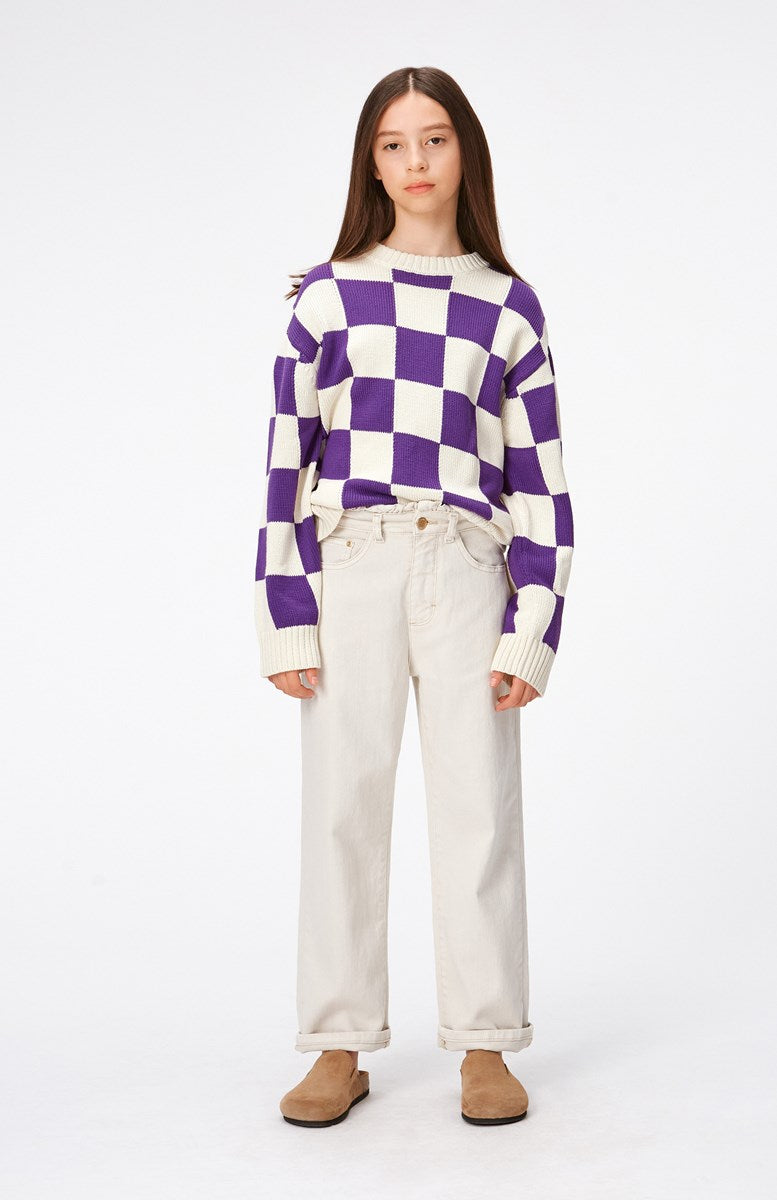 Girl wearing Molo Gertina Purple check sweater