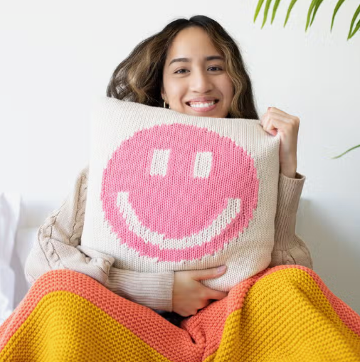 Knit Pink White Smiley Cushion – Babesta - Main Image