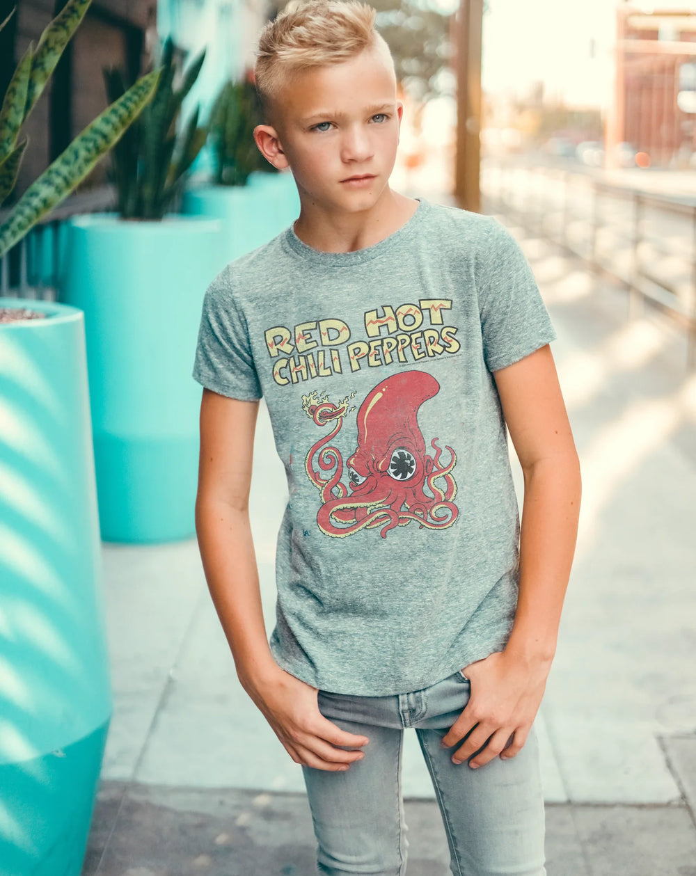 Boy wearing Red Hot Chili Peppers Tee by Rowdy Sprout
