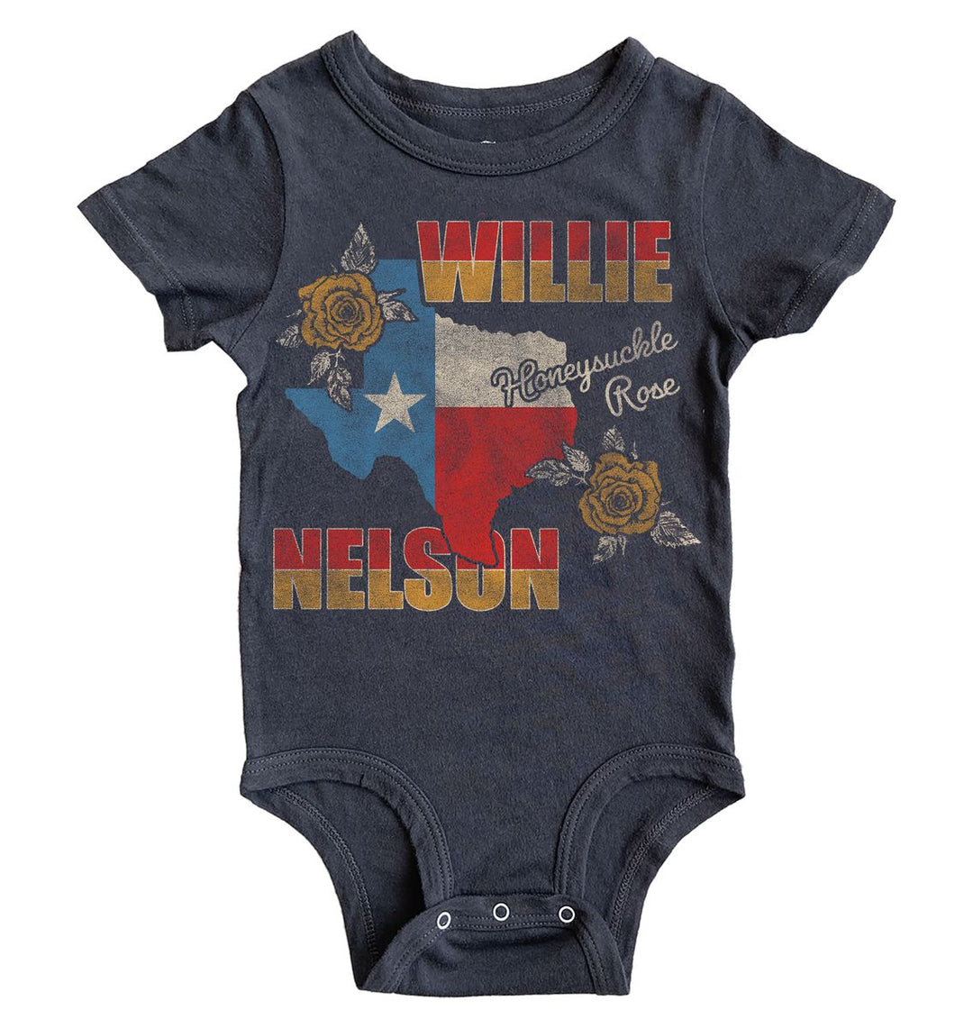 Baby onesie with Texas flag design and 'Willie Nelson' text